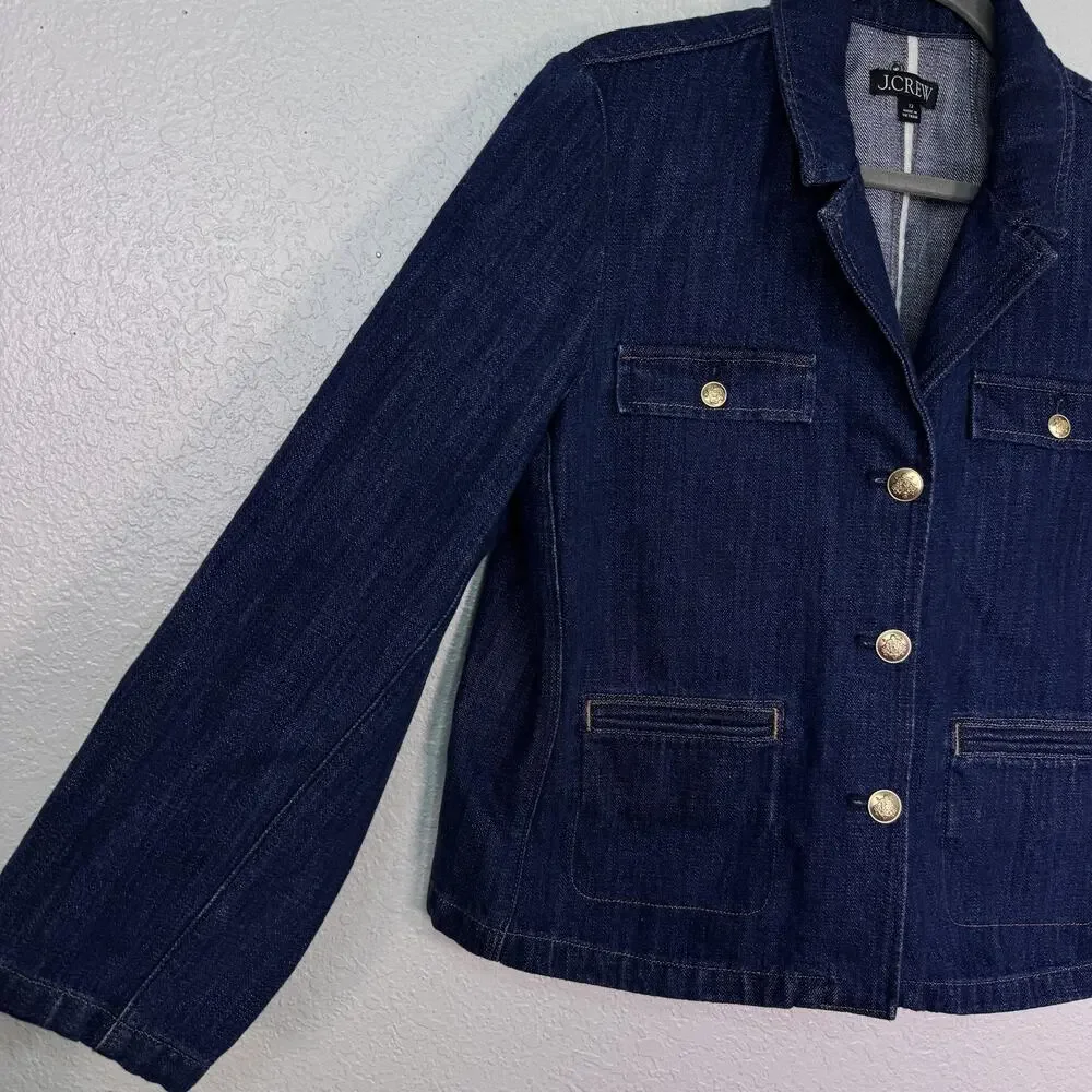 J Crew Denim Blazer Jacket Womens 12 Jean Short Gold Button Utility Preppy Chic - Picture 4 of 10